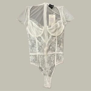 Frenchy style 90s Y2k White Lace Corset Short Sleeve Sleeve Bodysuit Back Zip 14